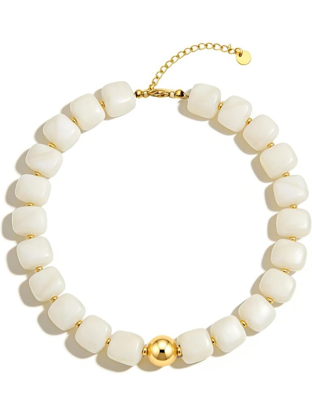 Women's White Chunky Beaded Necklace Gold Plated Marbled Resin Choker Jewelry